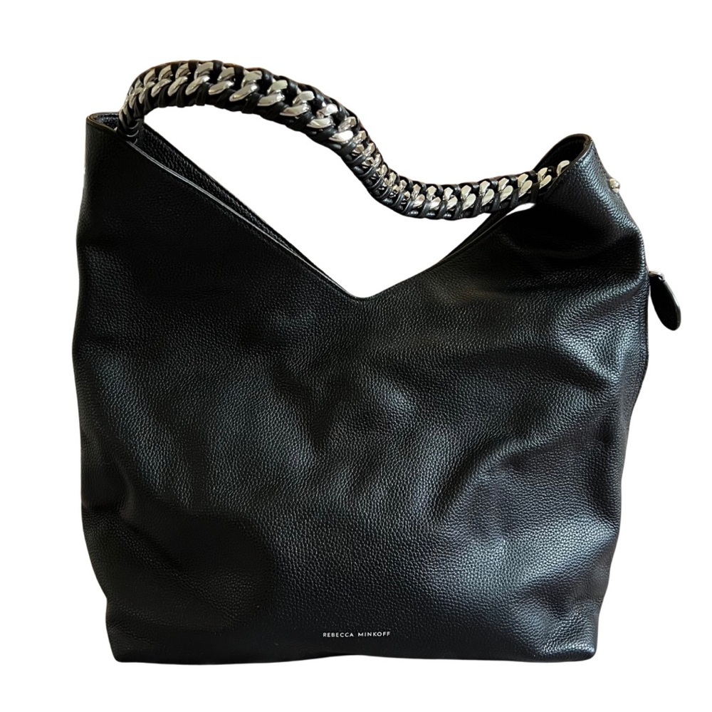 Rebecca Minkoff Black Leather Hobo Tote with Chain-Trim Handle